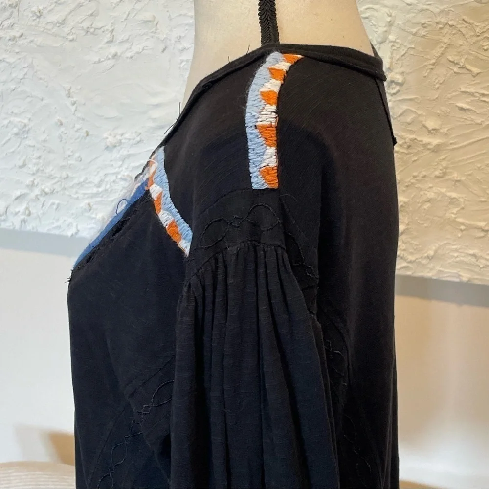 Free People Hand Me Down Embroidered Linen Blouse Cropped Top Black Sz S